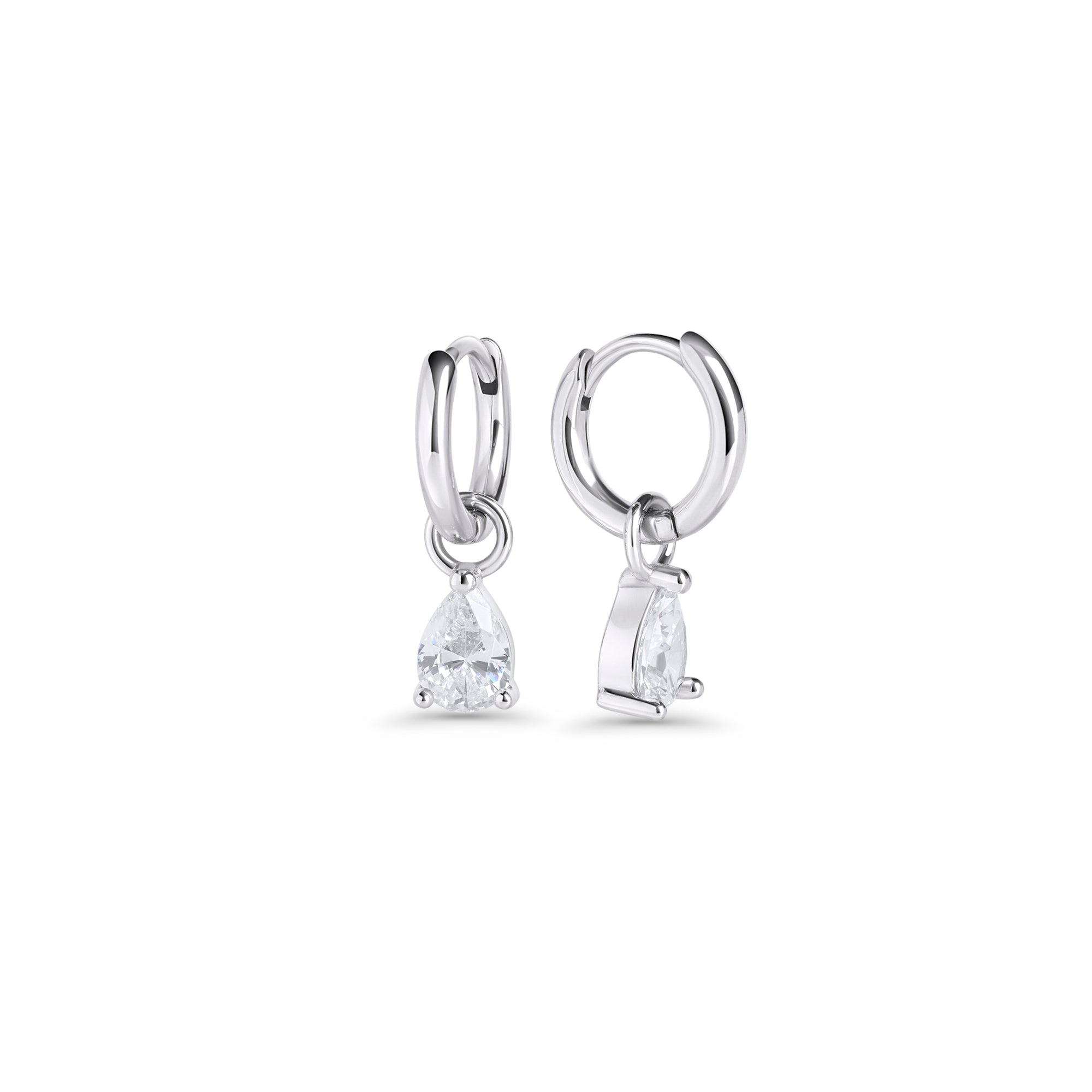 Silver hoop earrings with a pear-cut clear stone pendant on a white background. Nickel-free and waterproof jewelry by Mia Bijoux Canada.

Boucles d'oreilles anneaux argentées avec pendentif serti d'une pierre transparente taille poire sur fond blanc. Bijoux sans nickel et résistants à l'eau par Mia Bijoux Canada.