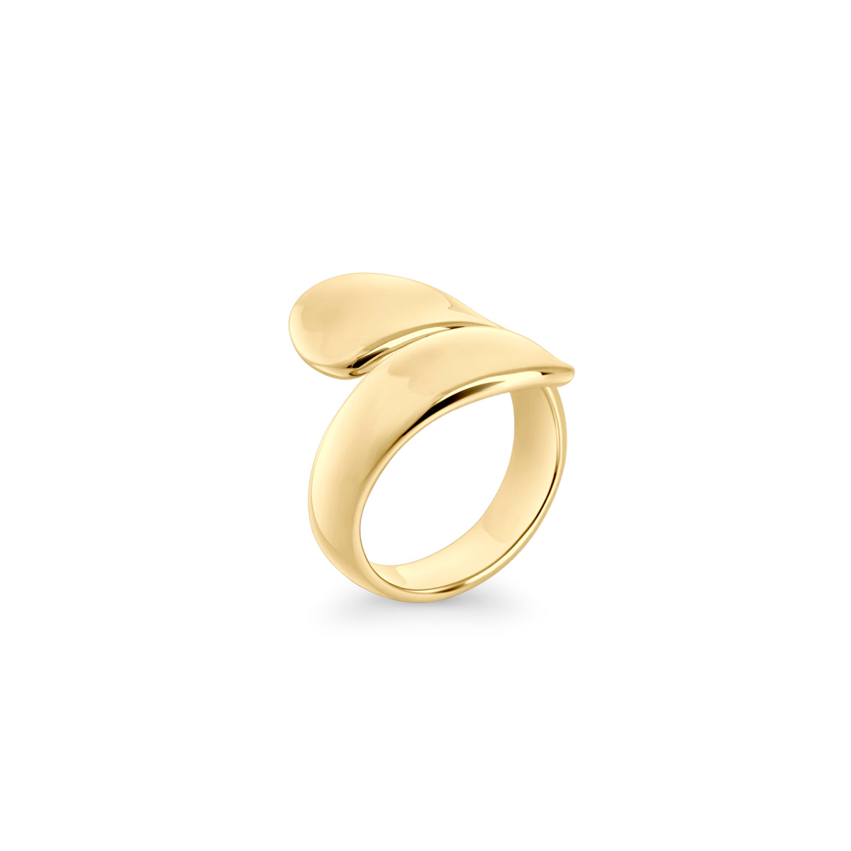 Gold stainless steel sculptural statement ring with smooth organic curves, modern bold design, hypoallergenic non-tarnish durable ring, contemporary fashion jewelry.
