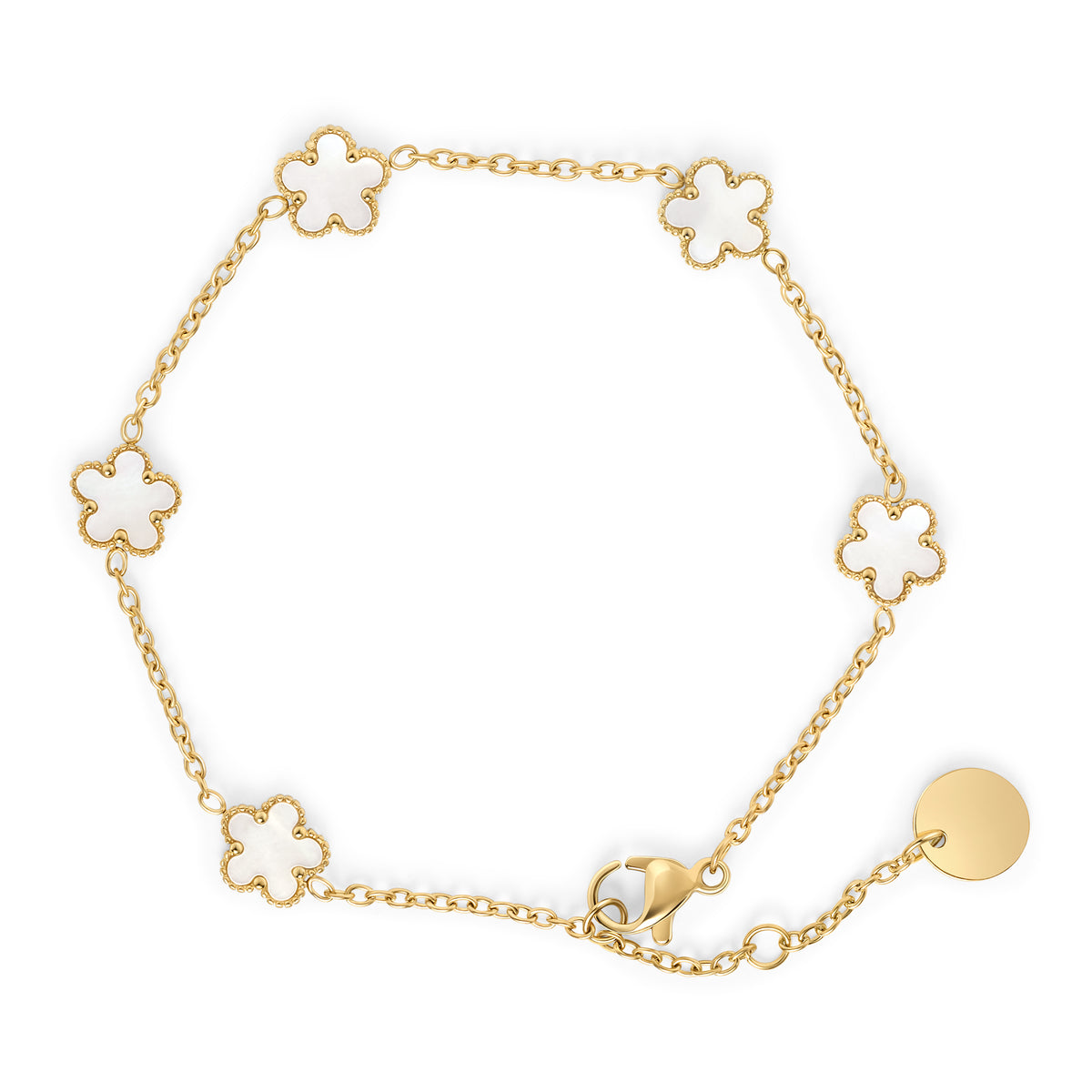 Gold clover bracelet with mother of pearl charms – nickel-free, waterproof & tarnish-resistant stainless steel bracelet for women, top-rated affordable luxury jewelry by Mia Bijoux Canada