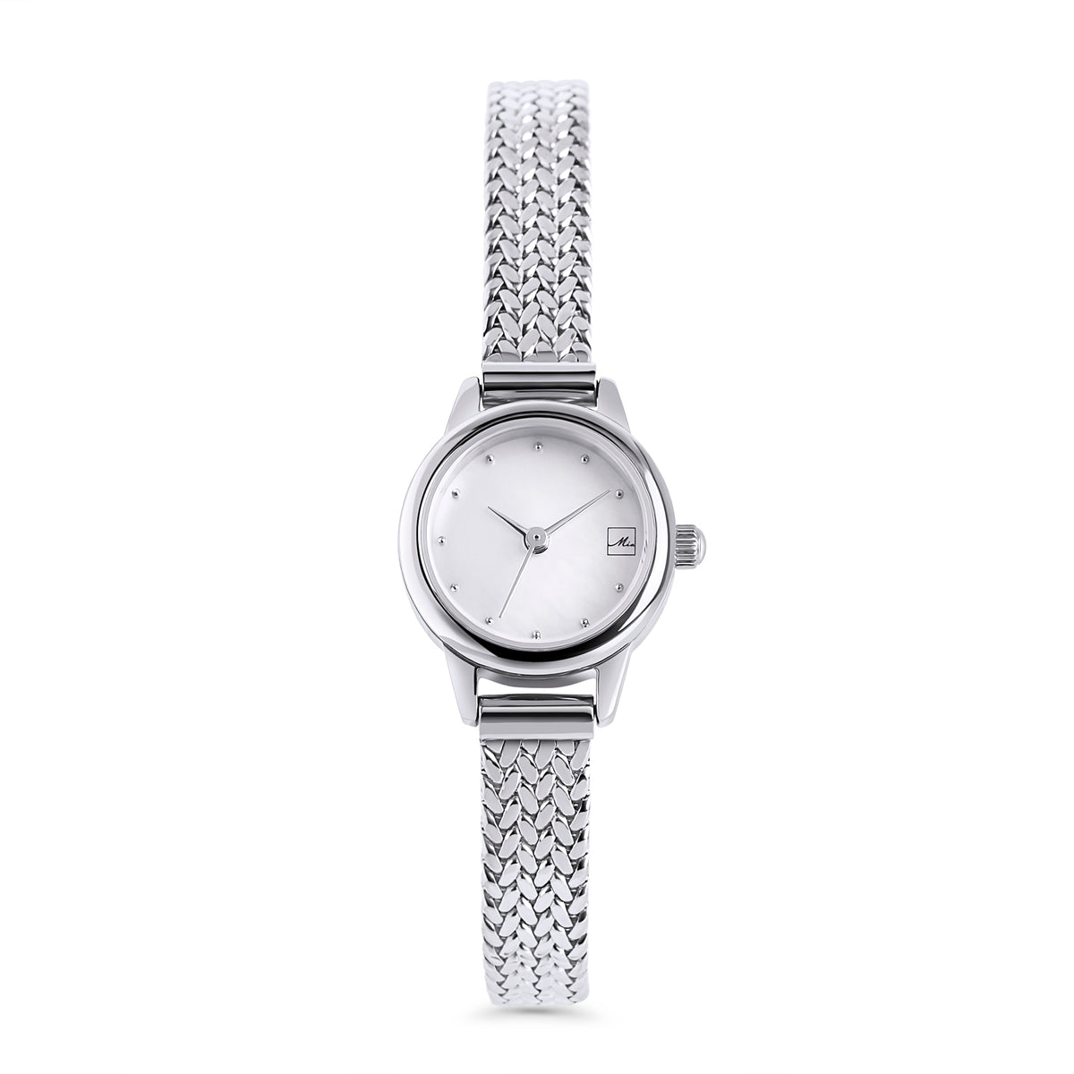 Silver stainless steel women's watch with minimalist white dial and textured gold bracelet strap, elegant modern timepiece, durable luxury fashion watch Canada.
