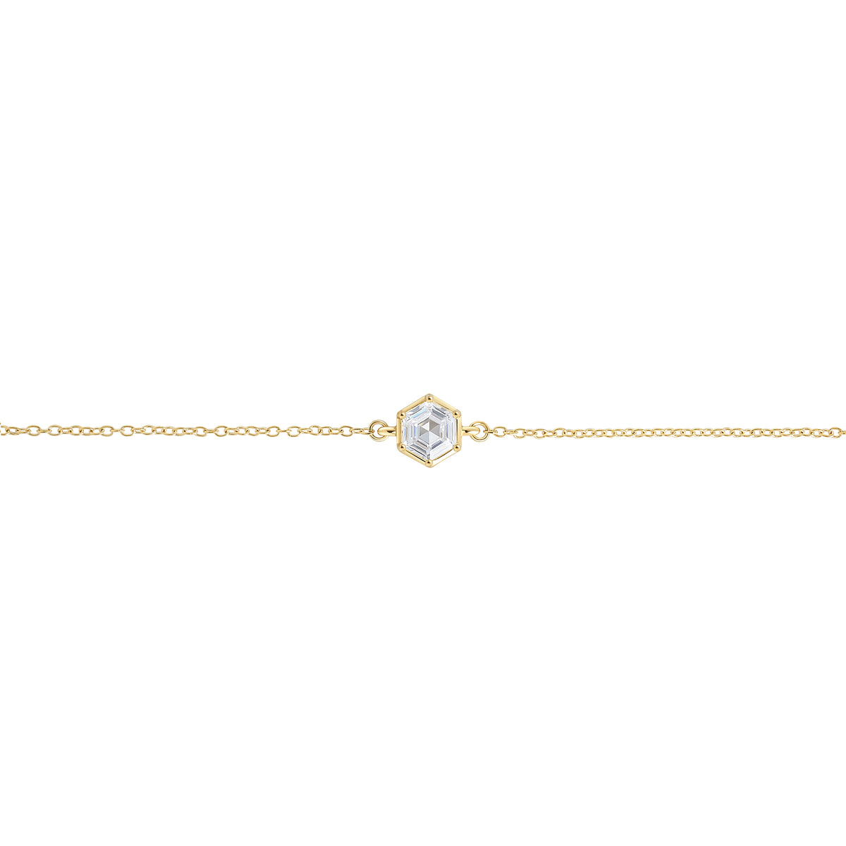 Gold stainless steel bracelet with hexagon cubic zirconia solitaire, minimalist delicate chain bracelet, hypoallergenic non-tarnish durable everyday jewelry Canada.