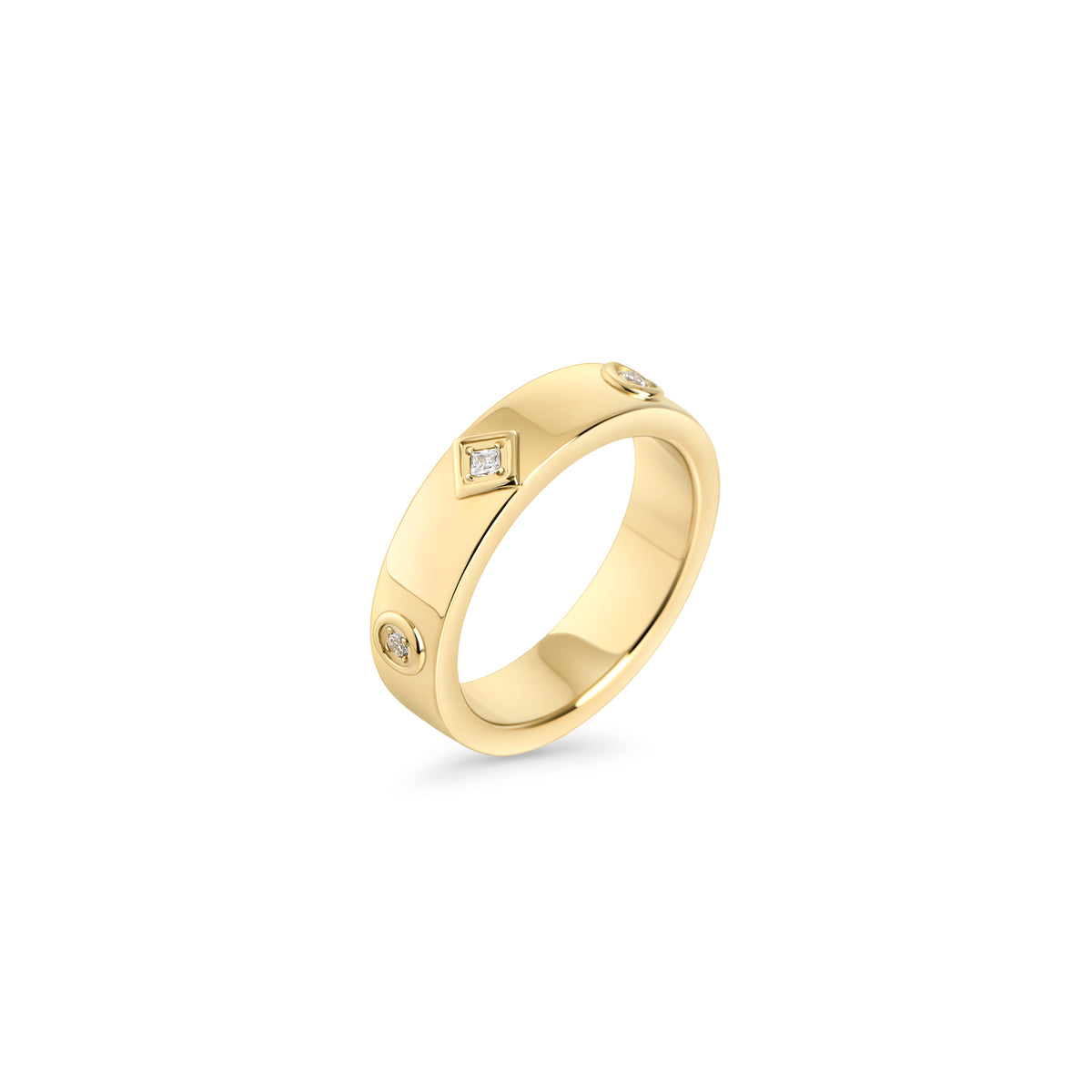 Gold stainless steel ring with geometric cubic zirconia stones, modern minimalist band ring, hypoallergenic non-tarnish durable everyday jewelry Canada.