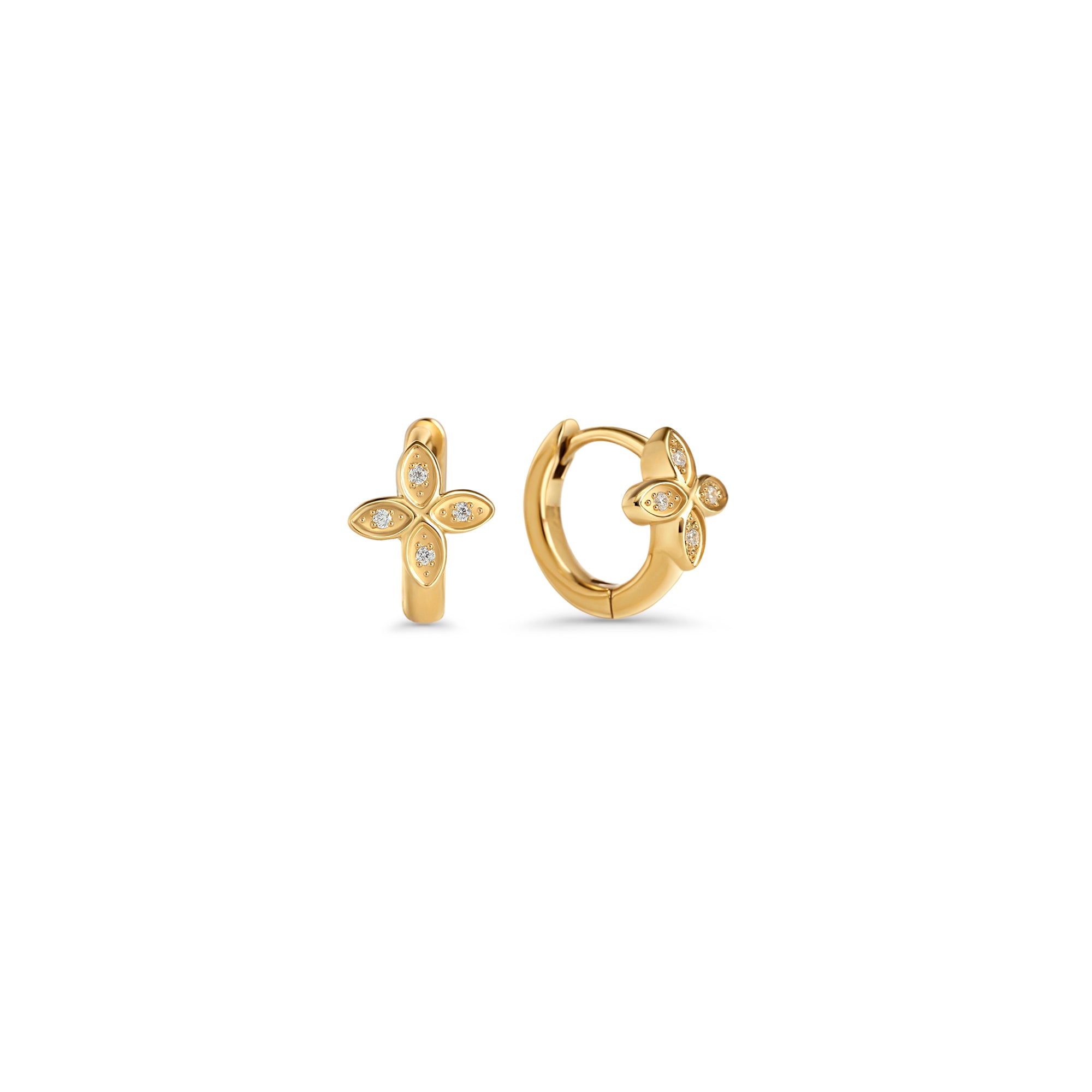 Gold huggie hoop earrings with a four-petal flower motif set with small clear stones on a white background. Nickel-free and waterproof jewelry by Mia Bijoux Canada.

Boucles d'oreilles anneaux dorées à motif fleur à quatre pétales serti de petites pierres transparentes sur fond blanc. Bijoux sans nickel et résistants à l'eau par Mia Bijoux Canada.