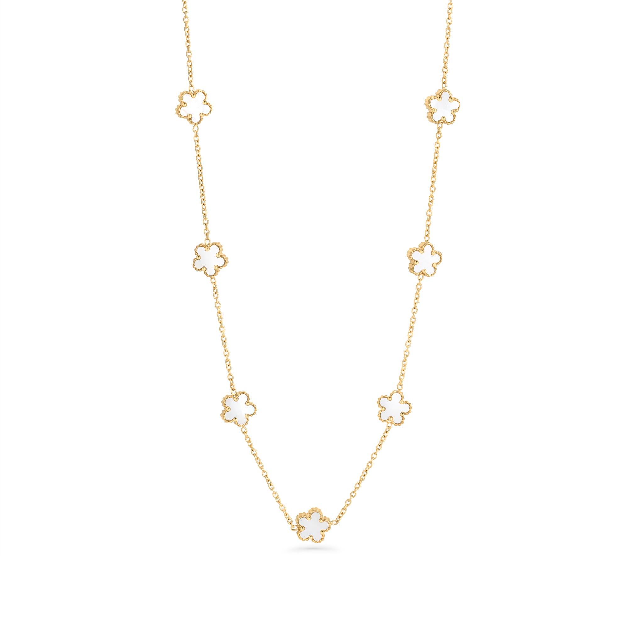 A gold chain necklace with white mother-of-pearl flower charms spaced along the chain, shown on a clean white background. Waterproof, stainless steel and allergy free. By MIAJWL.

Collier à chaîne dorée orné de fleurs blanches nacrées réparties le long de la chaîne, présenté sur fond blanc épuré. Résistant à l'eau, en acier inoxydable et hypoallergénique. Par MIAJWL.