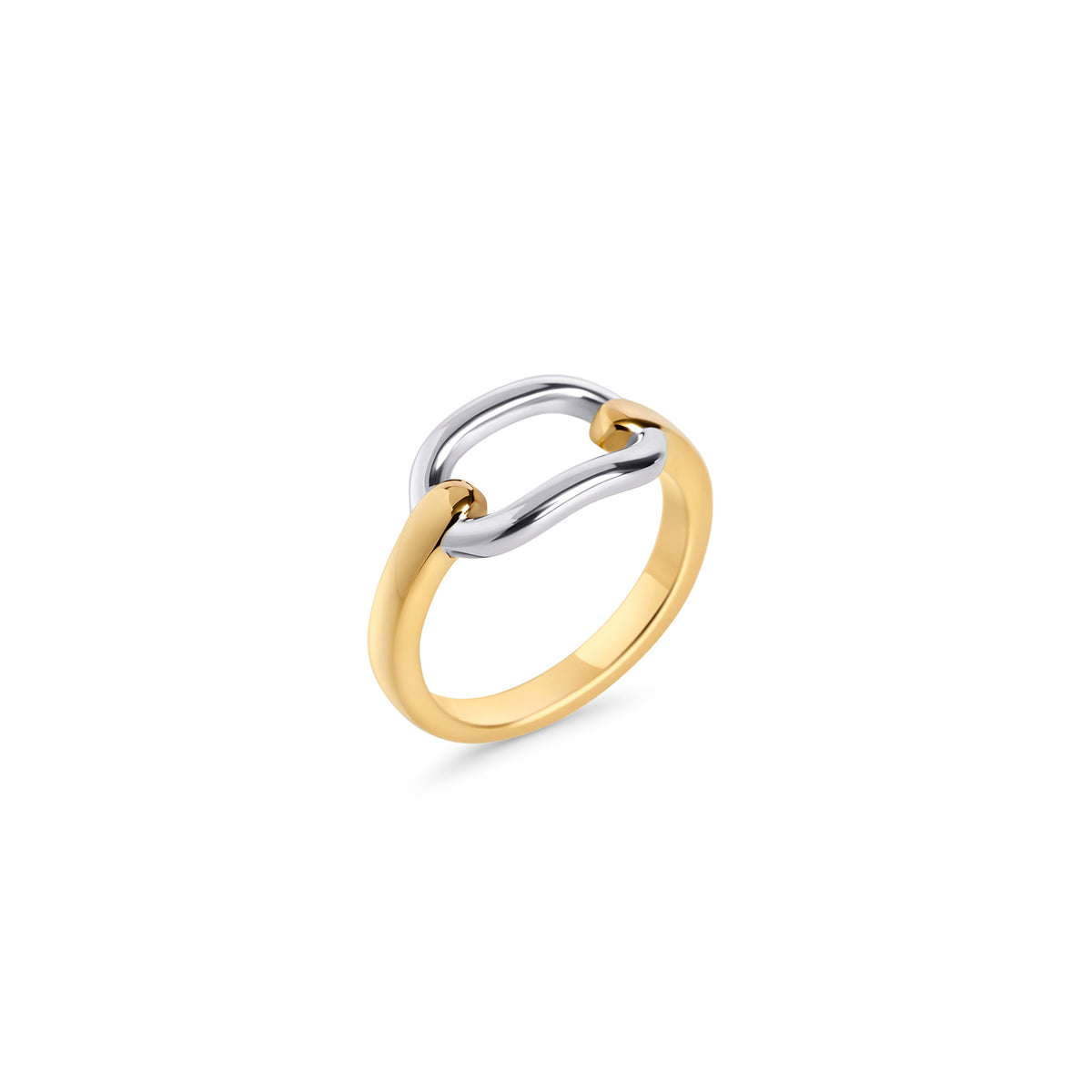 Polished two-tone ring with an open interlocking link design on a white background. Nickel-free, waterproof & tarnish-resistant stainless steel ring for sensitive skin, minimalist luxury jewelry by Mia Bijoux Canada.

Bague deux tons polie au design de maillons entrelacés ouverts sur fond blanc. Bague en acier inoxydable sans nickel, résistante à l'eau et anti-ternissement pour peaux sensibles, bijouterie de luxe minimaliste par Mia Bijoux Canada.