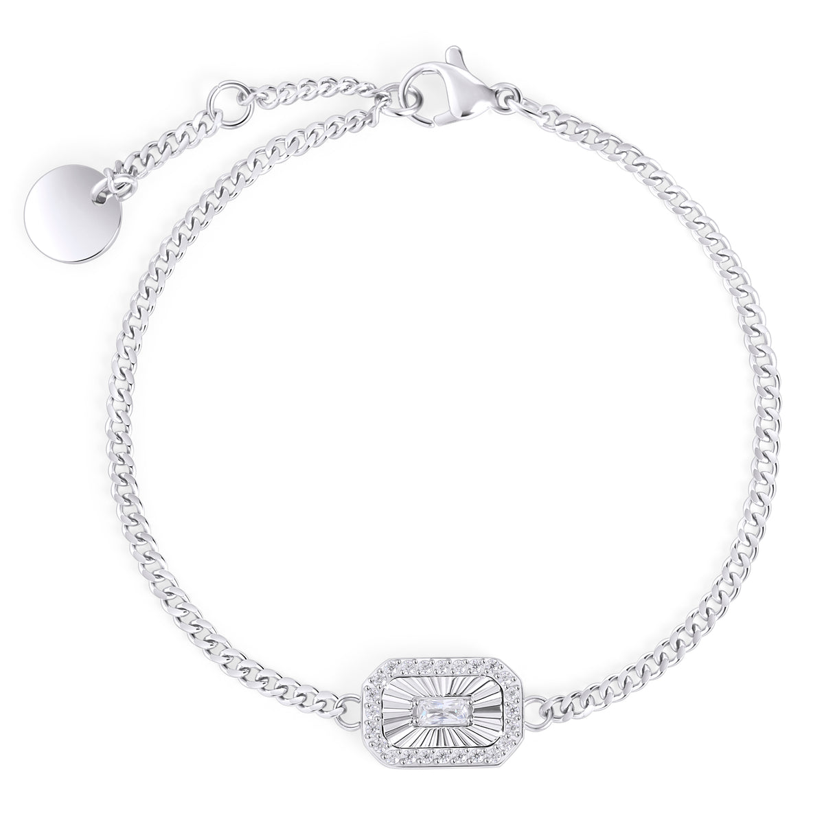 Silver chain bracelet with sunburst pendant and baguette zirconia. Nickel-free, waterproof & tarnish-resistant stainless steel bracelet for sensitive skin, minimalist luxury jewelry by Mia Bijoux Canada.

Bracelet argenté à maillons avec pendentif rayonnant et zircon baguette. Bracelet en acier inoxydable sans nickel, imperméable et anti-ternissement pour peaux sensibles, bijouterie de luxe minimaliste par Mia Bijoux Canada.