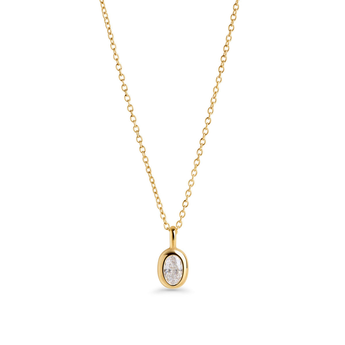 A gold chain necklace with a small oval clear stone pendant, shown on a clean white background. Waterproof, stainless steel and allergy free. By MIAJWL.

Collier à chaîne dorée avec petit pendentif serti d'une pierre transparente ovale, présenté sur fond blanc épuré. Résistant à l'eau, en acier inoxydable et hypoallergénique. Par MIAJWL. 