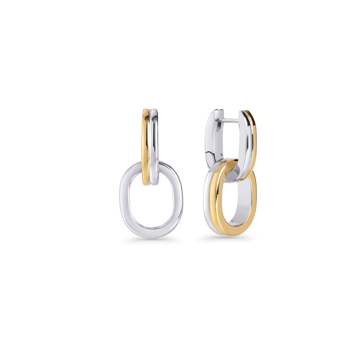 Two-tone drop earrings with two interlocking oval links on a white background. Nickel-free and waterproof jewelry by Mia Bijoux Canada.

Boucles d'oreilles pendantes deux tons à deux maillons ovales entrelacés sur fond blanc. Bijoux sans nickel et résistants à l'eau par Mia Bijoux Canada.